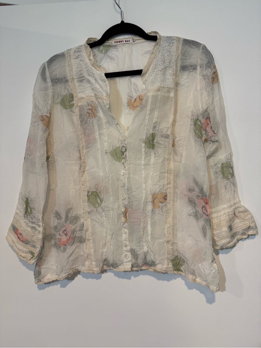 Johnny Was Floral Silk Cotton Blend Pintuck Lace Button Front Blouse Size L